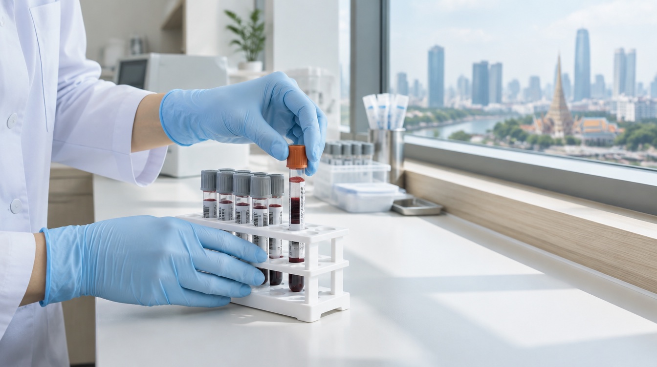 Labelled blood collection tubes in a rack on a bright clinic bench